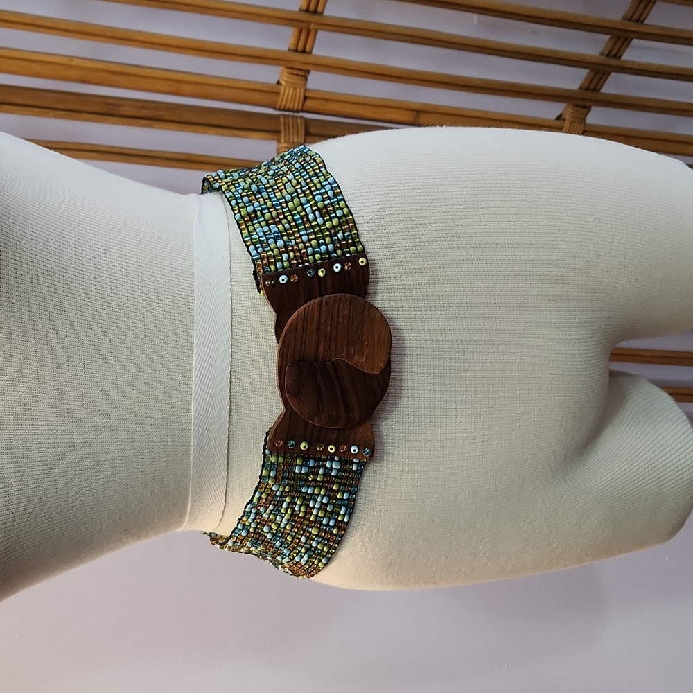 Women’s Beaded Turquoise Blue Green Gold Wood Buckle Stretch Belt